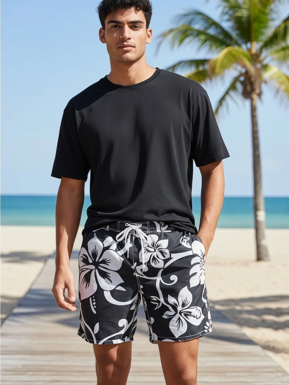 Old Navy Large Men's Black Floral Swim Board Shorts with White Hibiscus Print